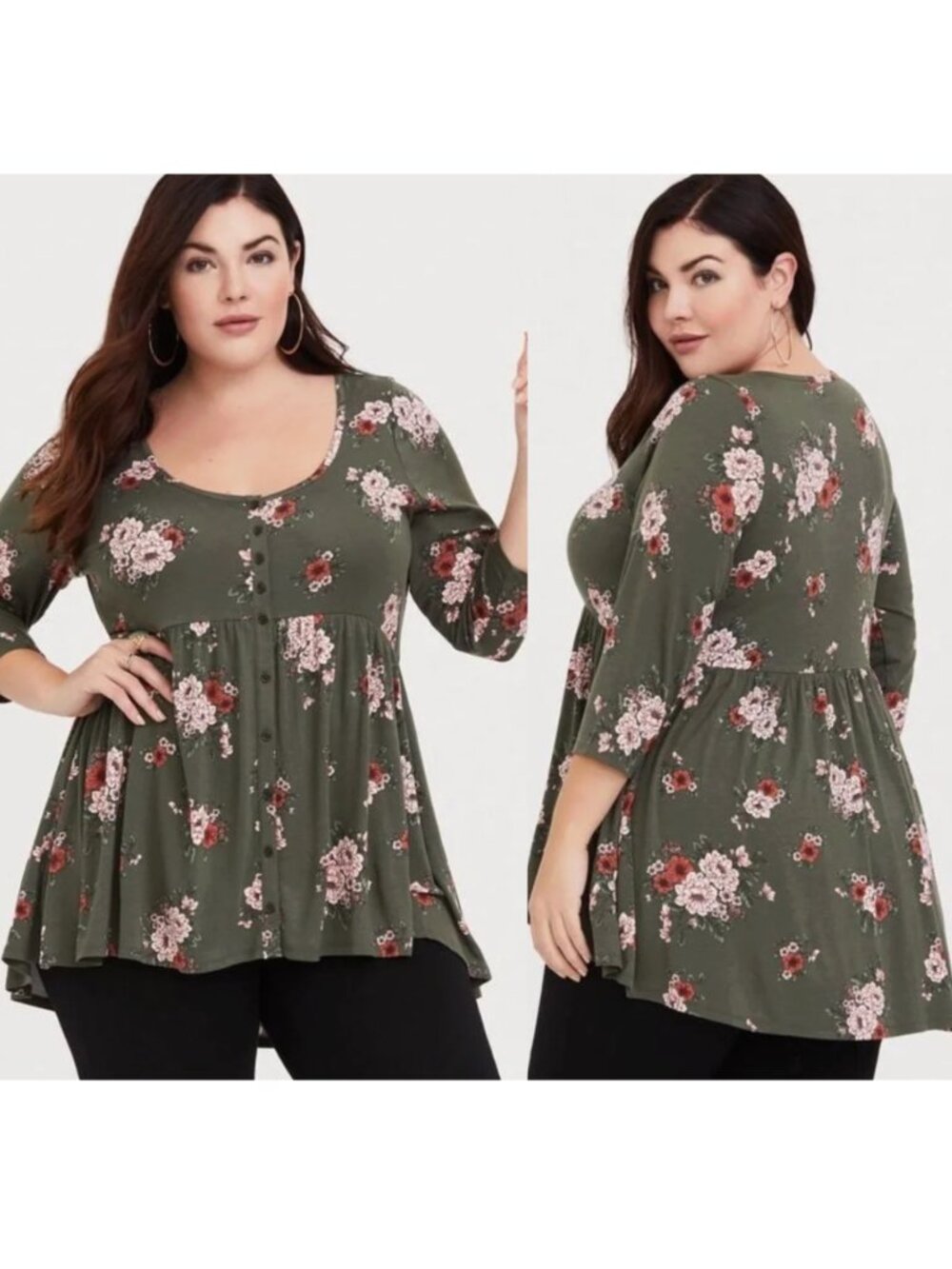 TORRID 0 Plus Size Babydoll Super Soft Button Front 3/4 Sleeve Top Olive Floral